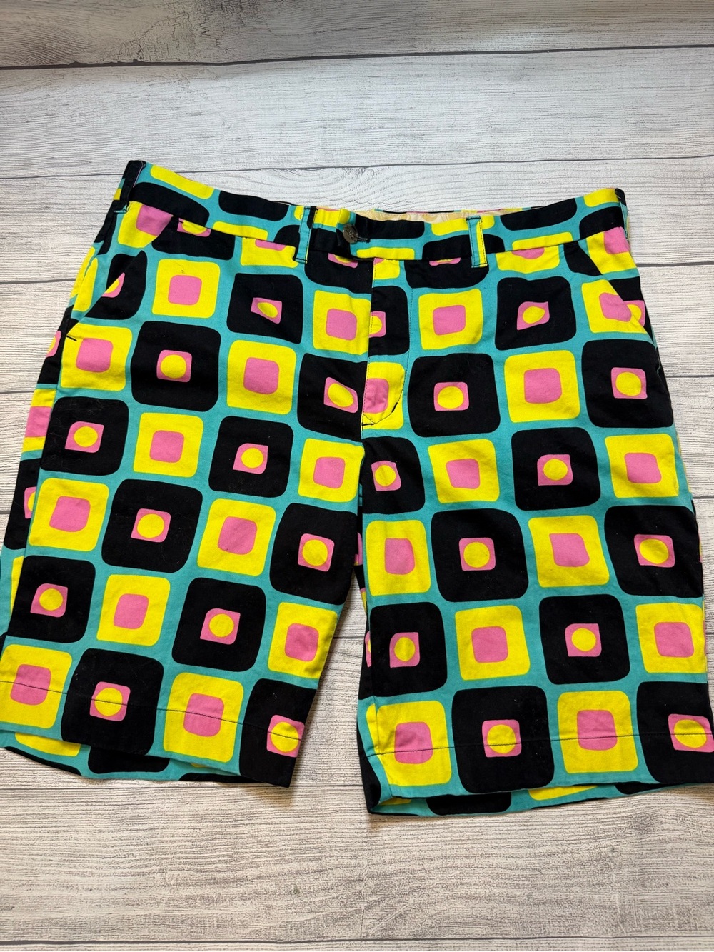 Men's Loud Mouth Golf Shorts in Teal with Yellow & Pink Geometric Print